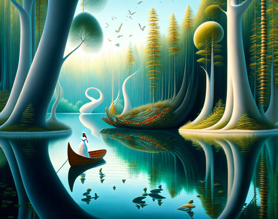 Tranquil landscape with towering trees, reflective lake, rowing boat, and flying birds