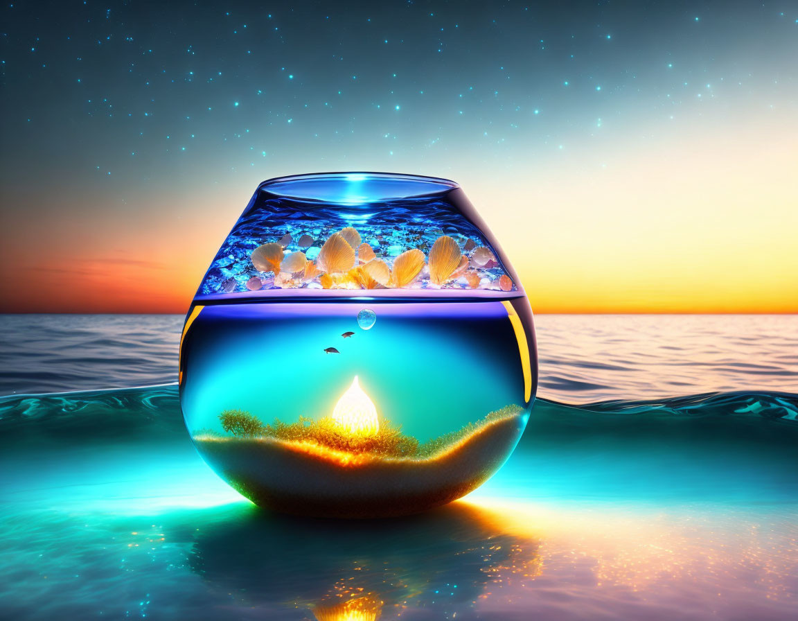 Surreal fishbowl with tropical fish, underwater candle, ocean sunset, starry sky