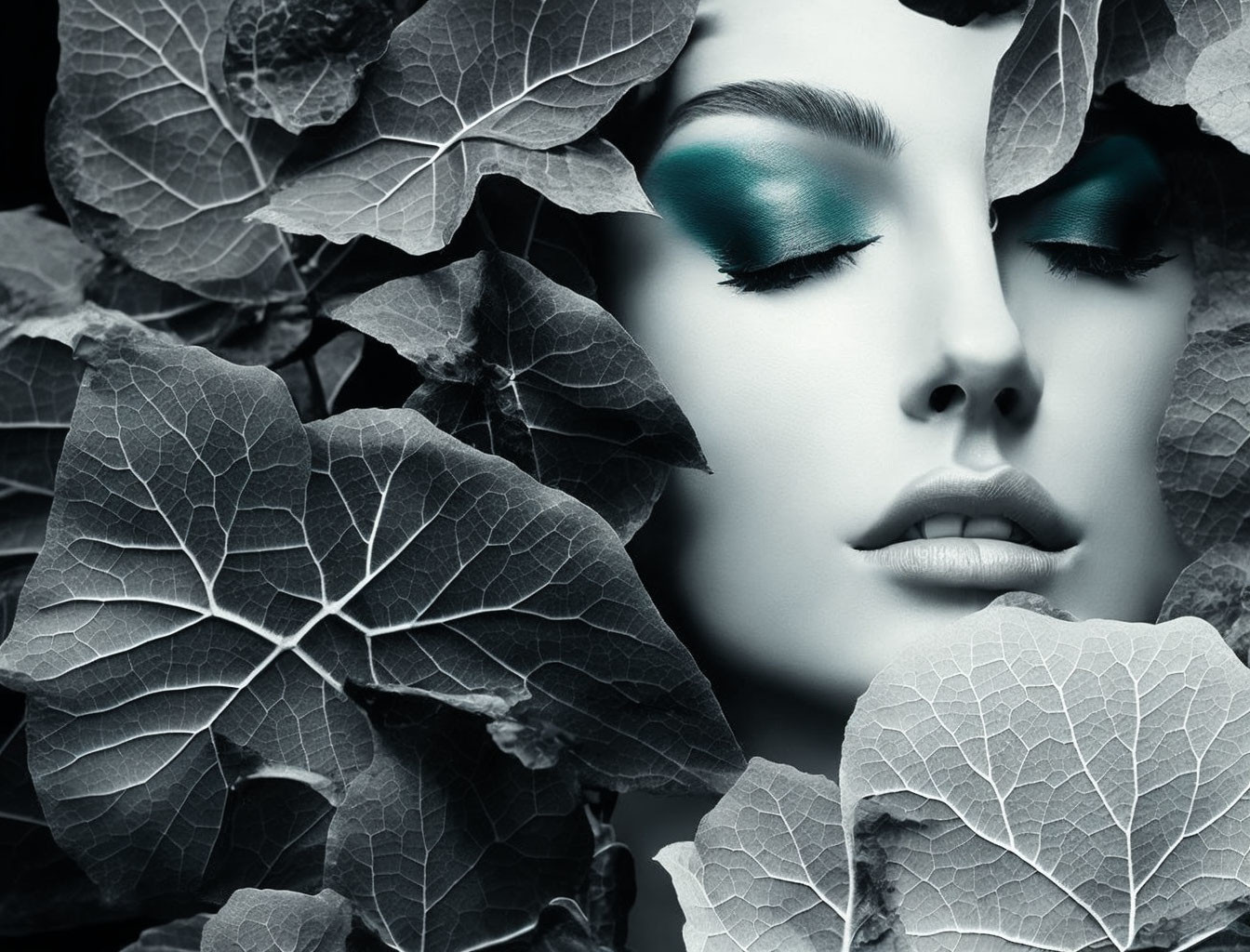 Monochromatic image featuring woman with bold teal eyeshadow and ivy leaves.