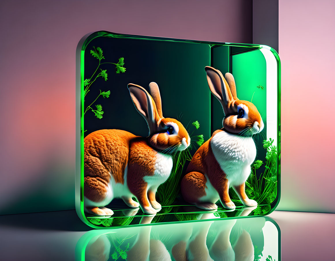 Digital rabbits with exaggerated ears in green-framed book space.