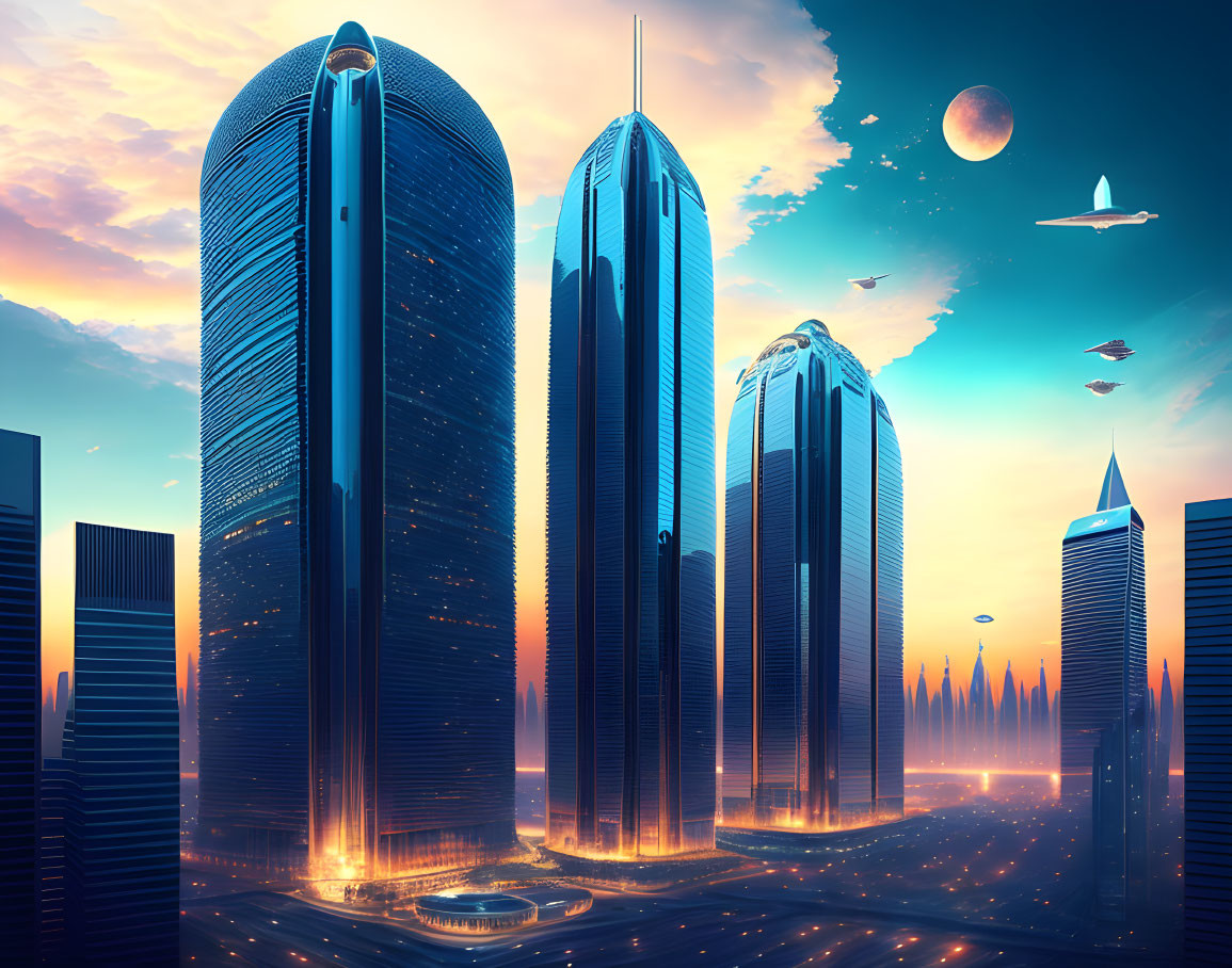 Futuristic cityscape with skyscrapers, flying vehicles, and distant planet.