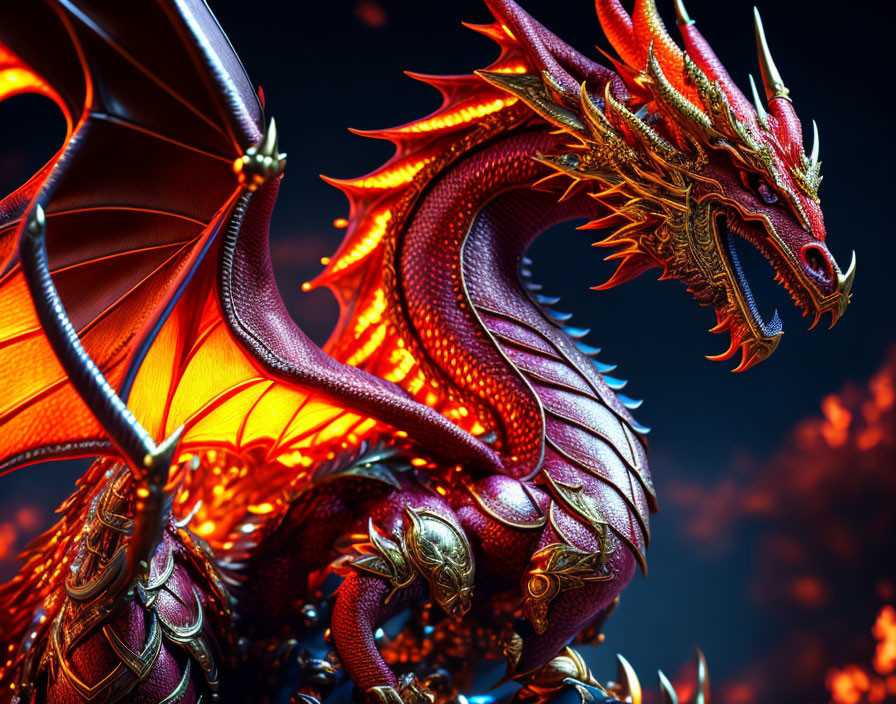 Detailed illustration of red dragon with intricate scales and large wings on dark background