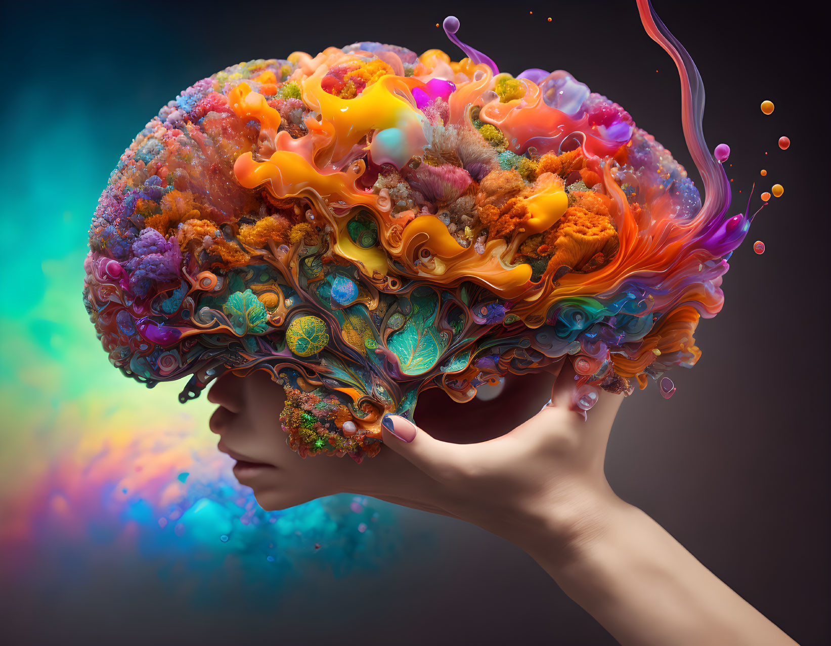 Vibrant multicolored brain-shaped structure held by a hand