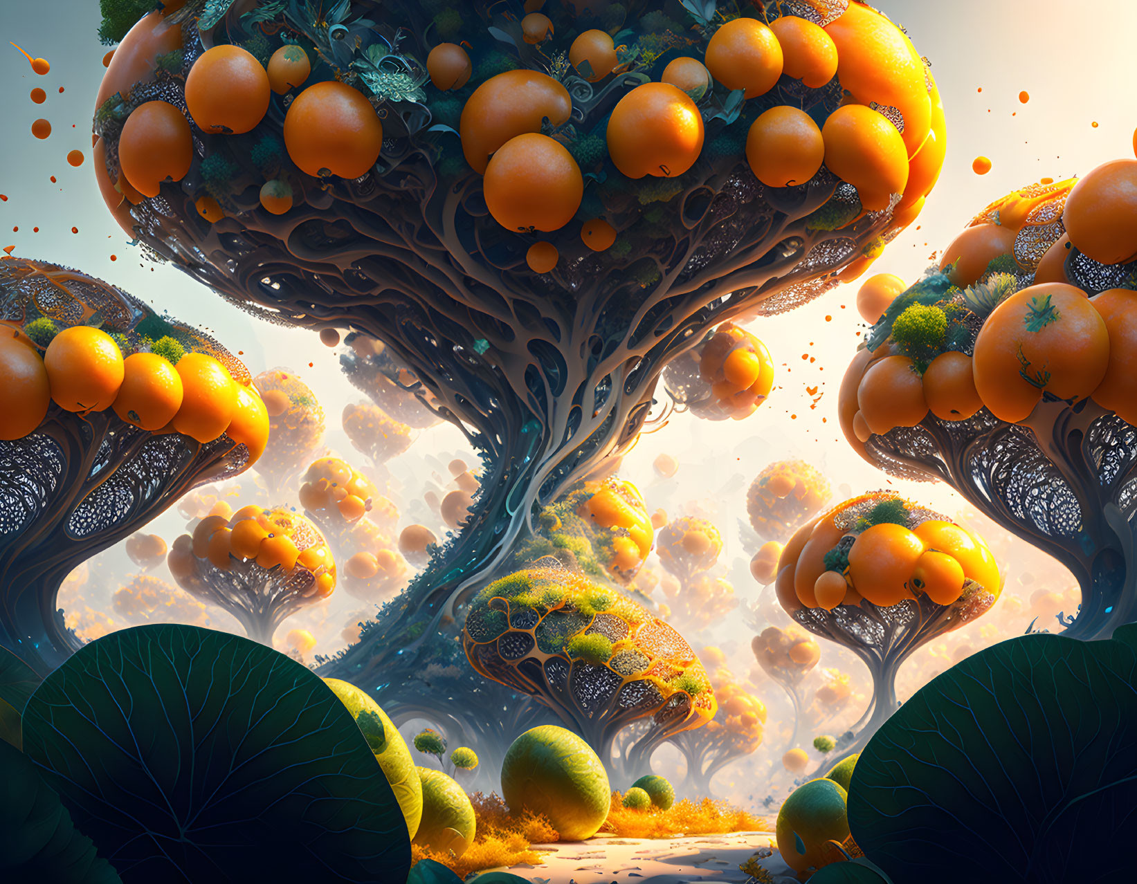Surreal glowing environment with orange-like trees and oversized leaves
