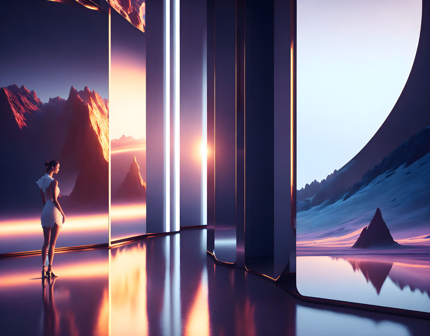 Futuristic room with woman and mountain view at sunset