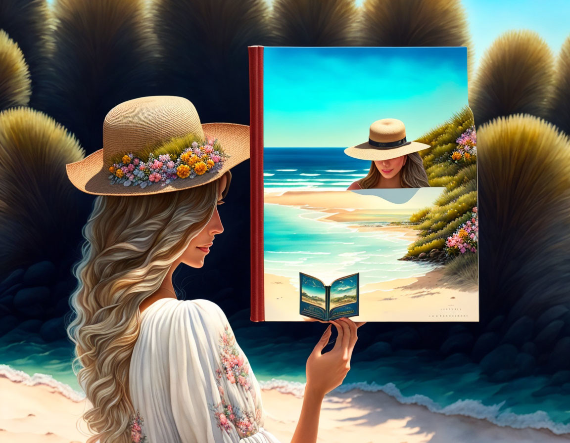 Surreal illustration: woman reading on beach with book scenery loop