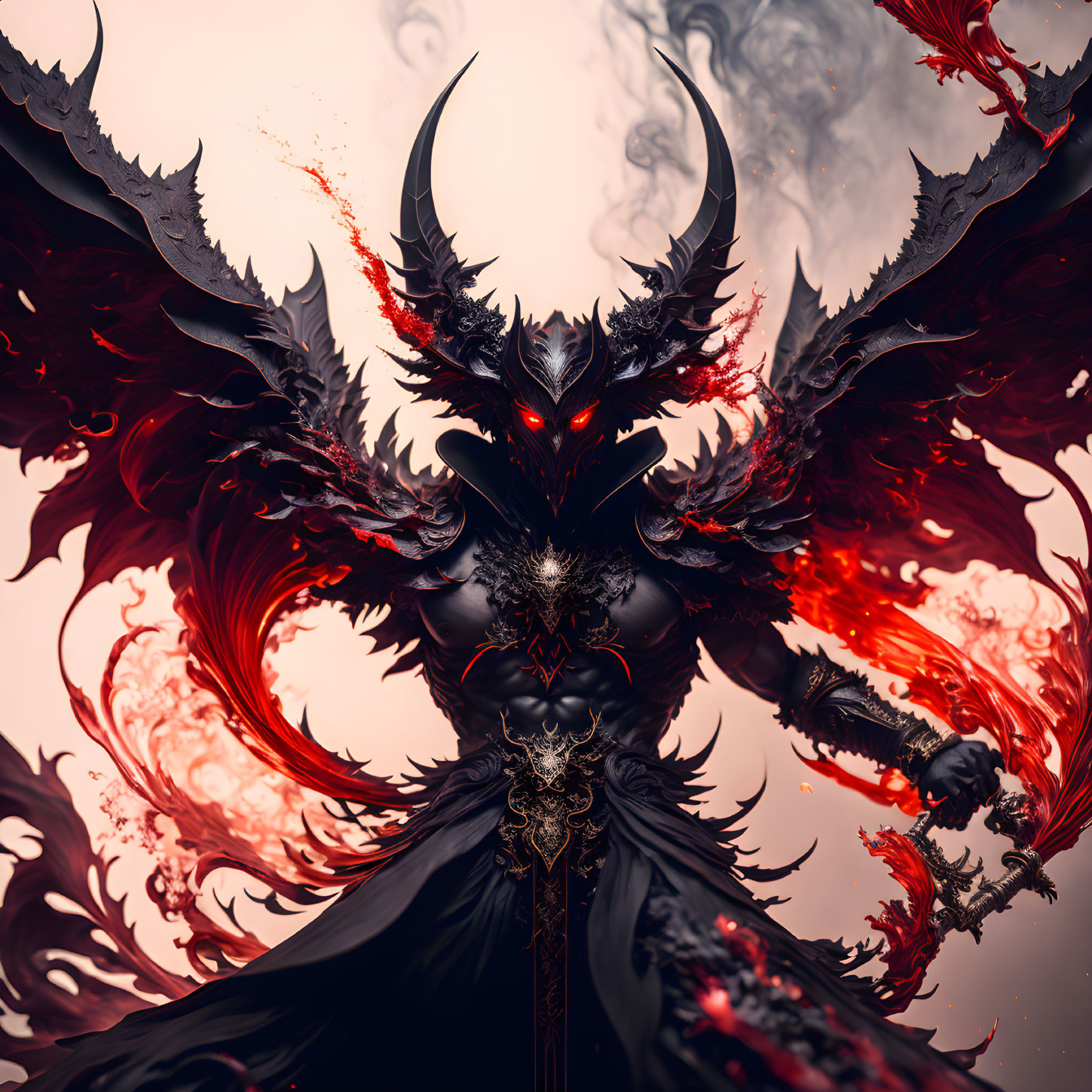 Detailed Fantasy Demon with Large Horns, Wings, Glowing Eyes, and Ornate Armor