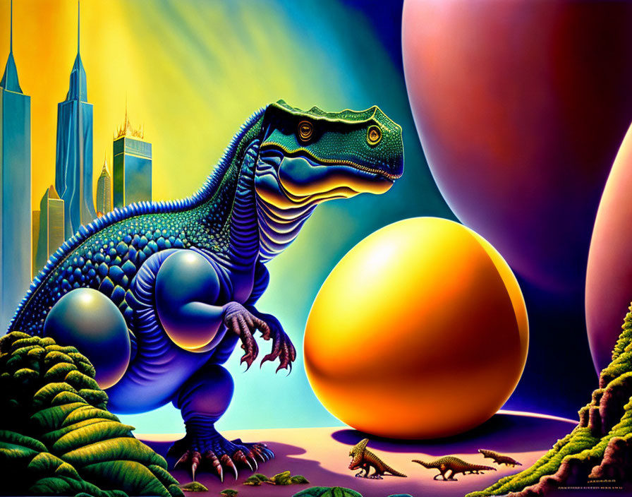 Colorful Dinosaur Artwork with Egg, Miniature Dinosaurs, and Cityscape