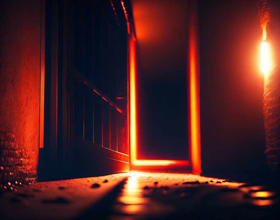 Dimly lit hallway with eerie red glow from partially open door