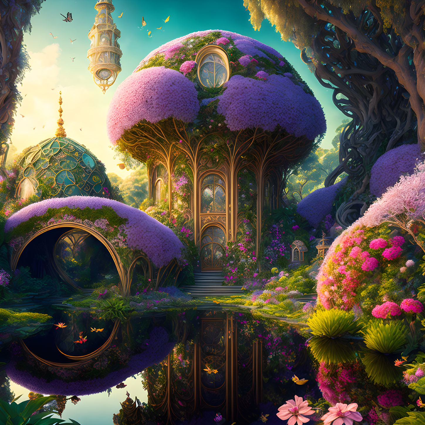 Vibrant Fantasy Landscape with Oversized Mushrooms and House-like Structures