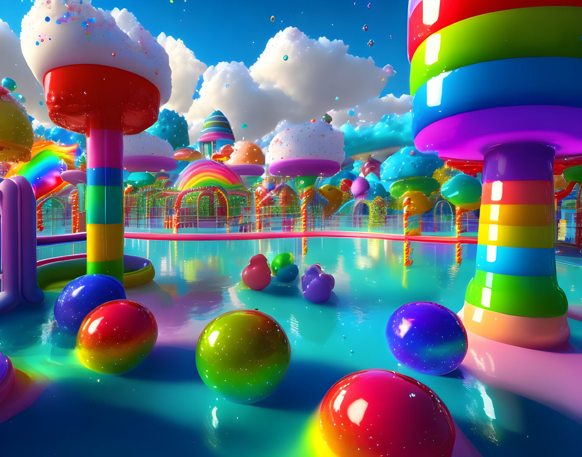 Colorful Candy-Inspired Landscape with Rainbow Arches and Floating Balls