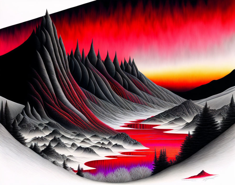 Vibrant red skies and sharp peaks in abstract digital landscape