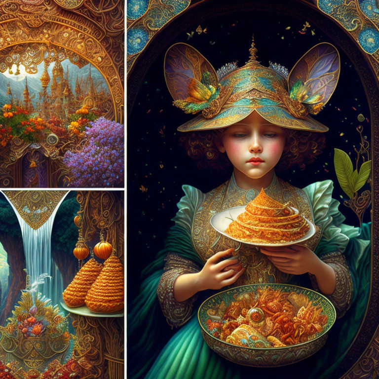 Young girl in green dress with mushroom hat holding pastries in fantastical landscape