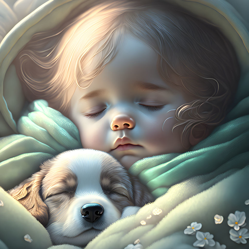 Toddler and puppy sleeping peacefully in blanket with flowers