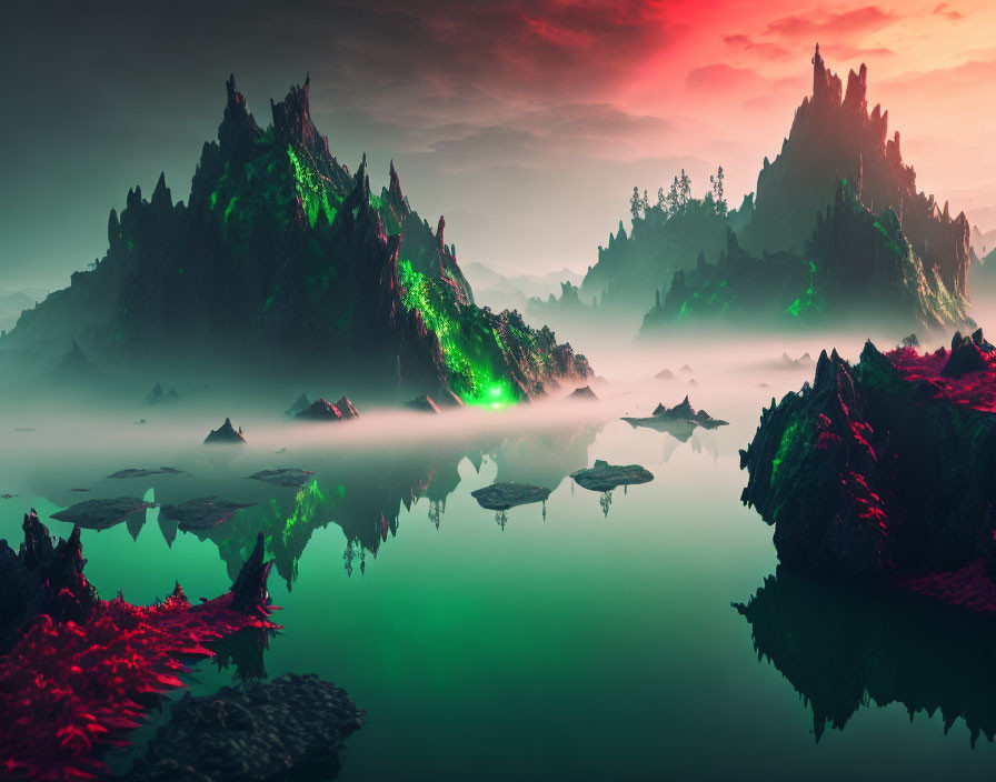 Mystical mountain landscape with reflective lake and red sky