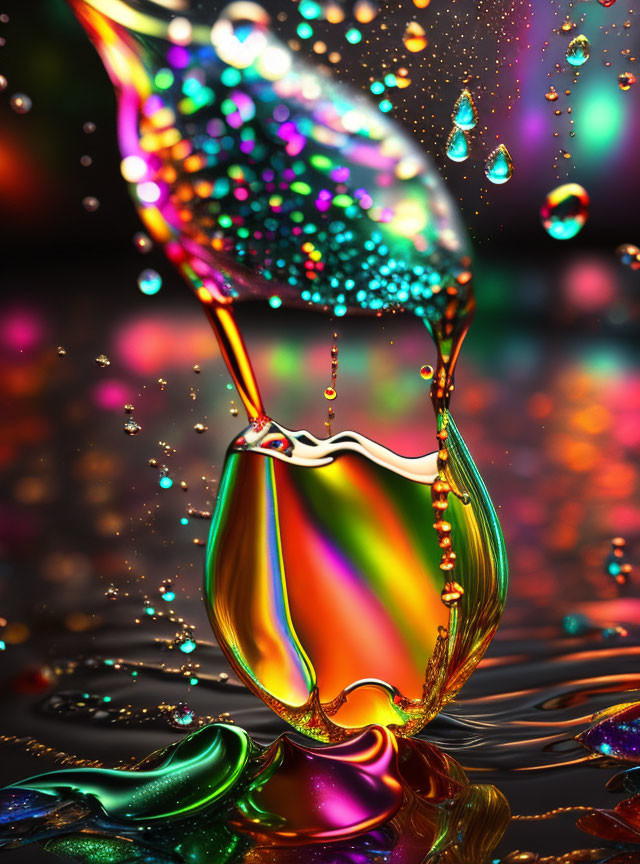 Colorful Liquid Droplets in Motion Against Bokeh Background