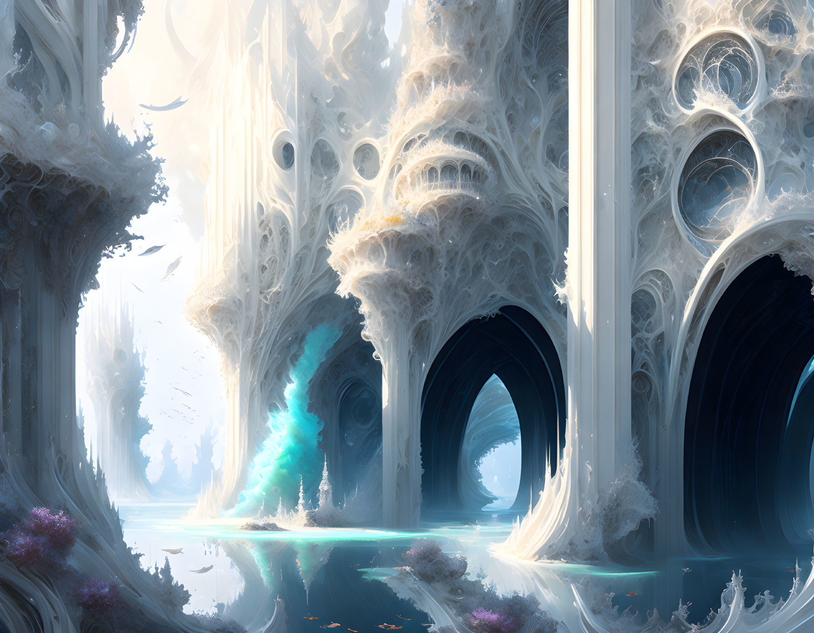 Majestic cavern with white spires, archways, and turquoise waterway