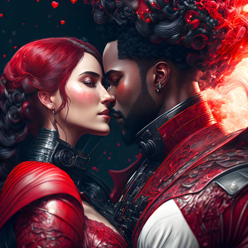 Stylized characters in ornate red armor with elaborate hairstyles on heart-filled backdrop