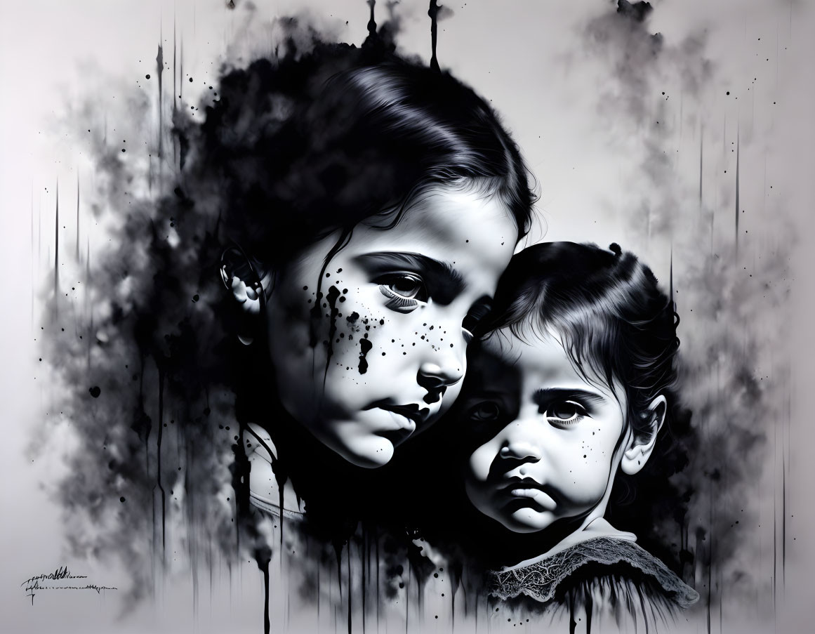 Monochromatic artwork featuring two children with expressive eyes and smeared ink-like textures for a dynamic effect