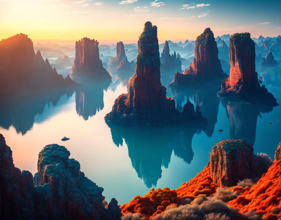 Tranquil sunset over mystical landscape with rock formations and vibrant foliage