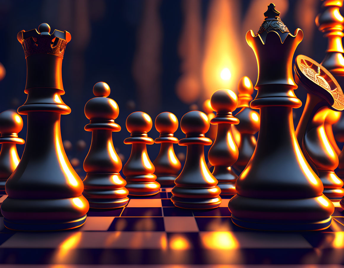 3D-rendered illuminated chessboard with fiery backdrop