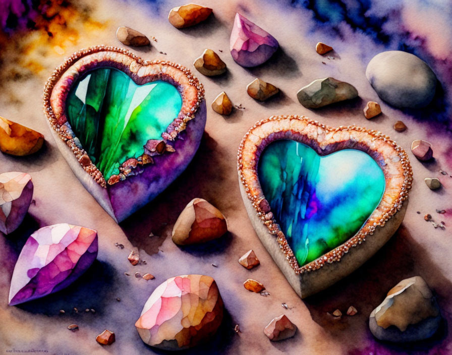 Vibrant watercolor painting of heart-shaped geodes with crystals on textured background