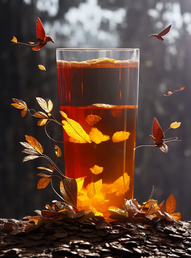Amber Liquid with Autumn Leaves and Butterflies in Forest Setting