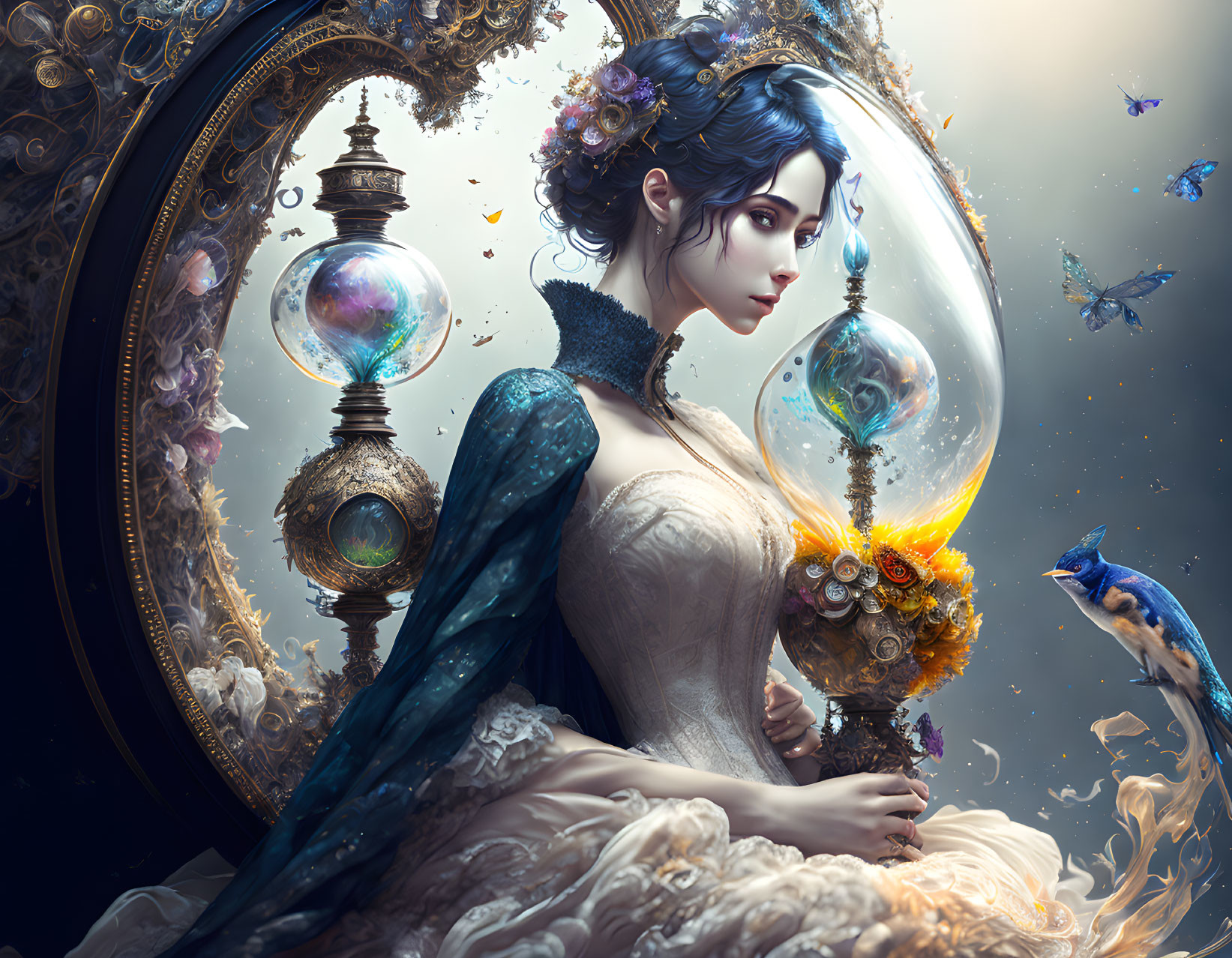 Ethereal woman portrait with mirrors, bubbles, bluebird in dreamy scene