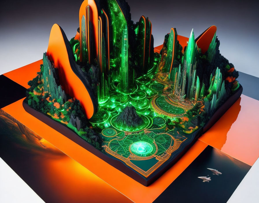 Colorful 3D illustration of fantastical landscape with glowing green formations and intricate patterns