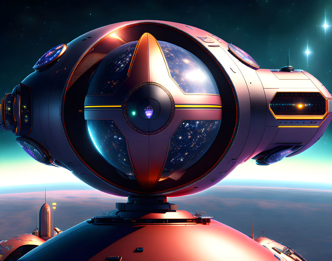 Futuristic spherical spaceship orbiting glowing planet horizon