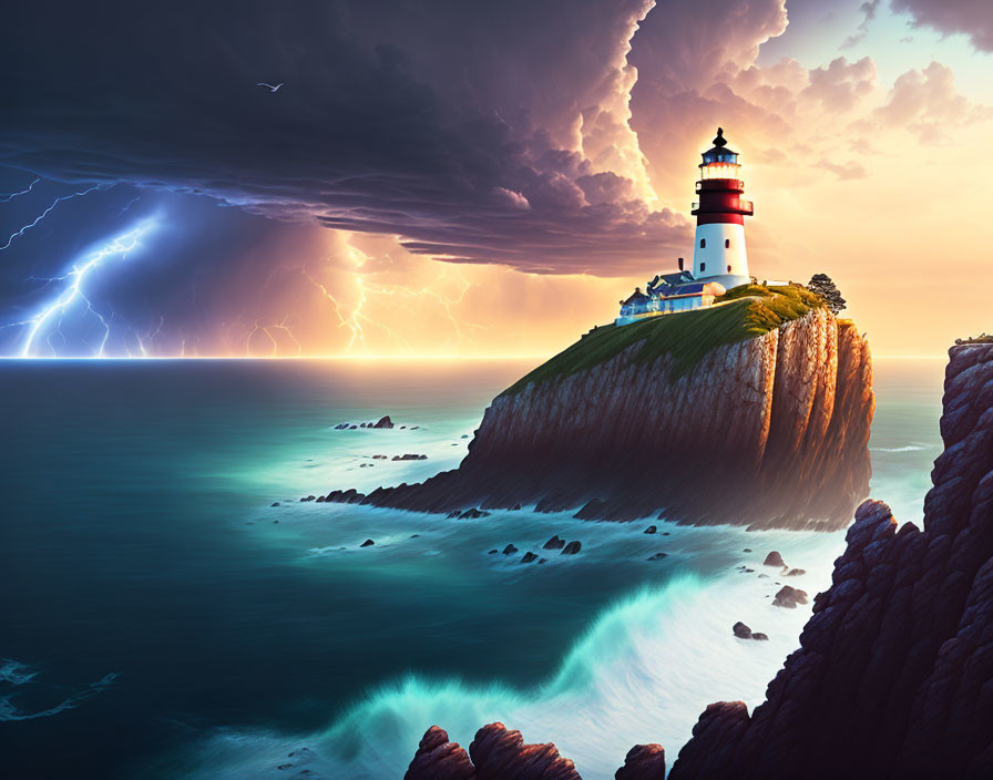 Cliffside lighthouse in storm with lightning and sunset sky