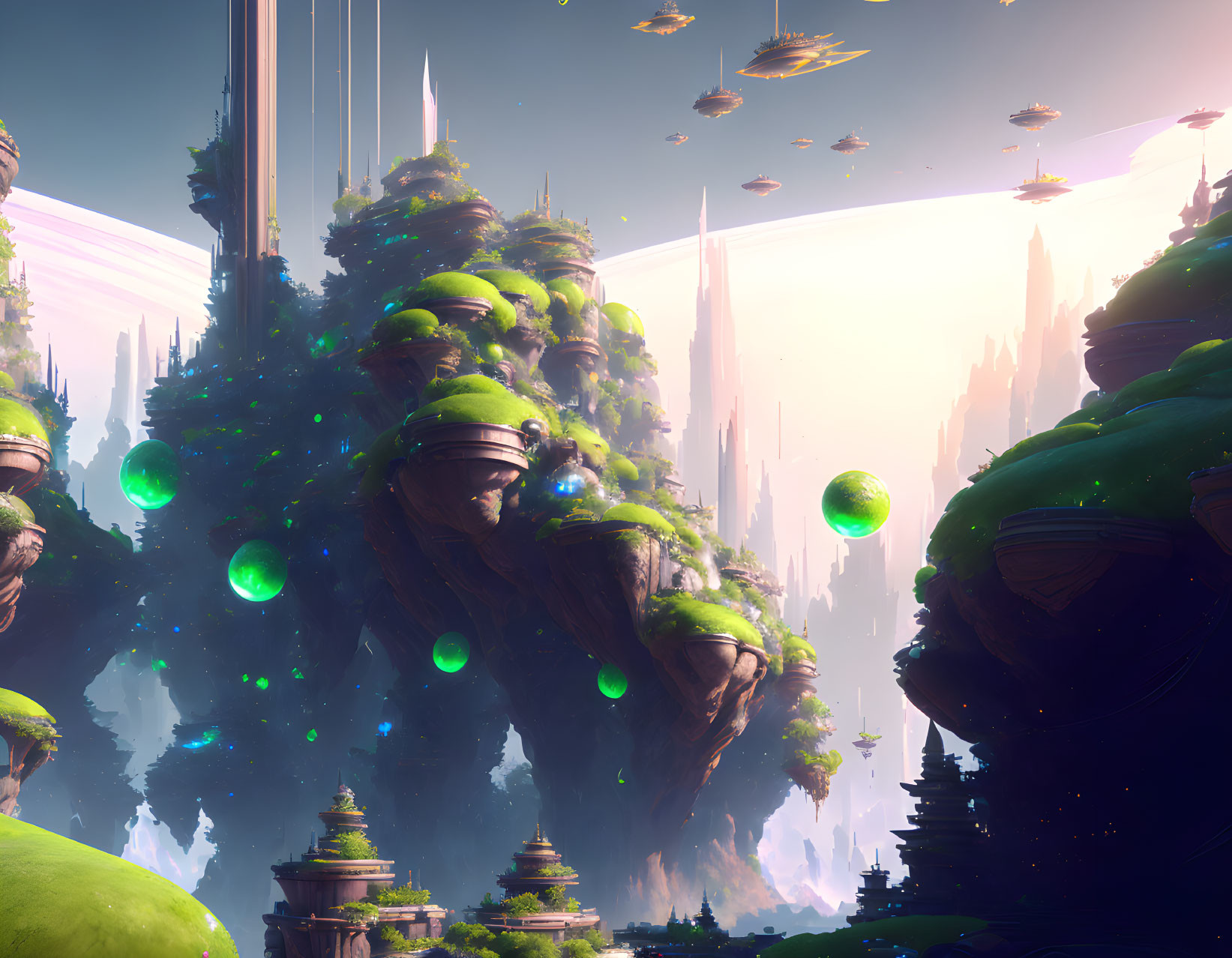 Futuristic fantasy landscape with floating islands, greenery, Oriental-style structures, glowing orbs, and