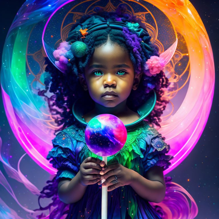 Child in Fantasy Attire with Galaxy Lollipop and Cosmic Orbs