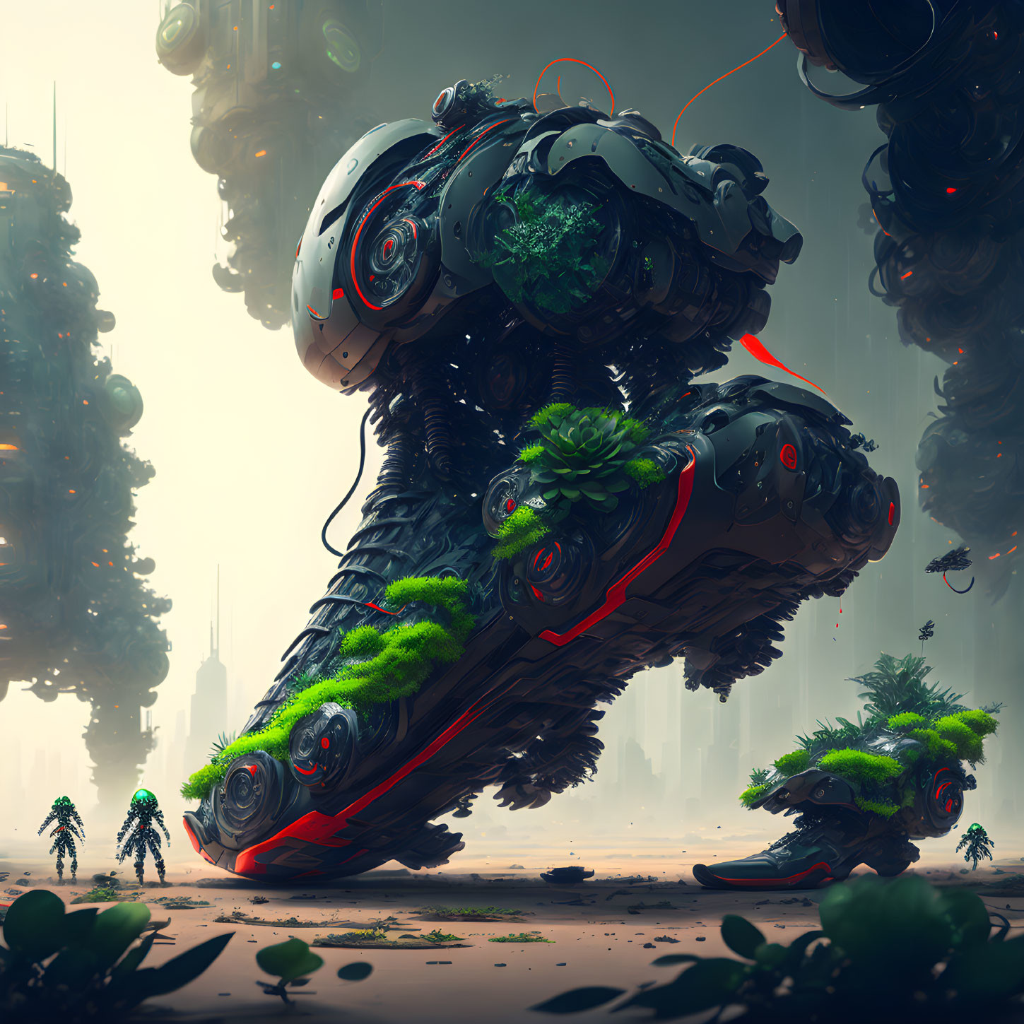 Giant bio-mechanical creature with greenery in futuristic cityscape