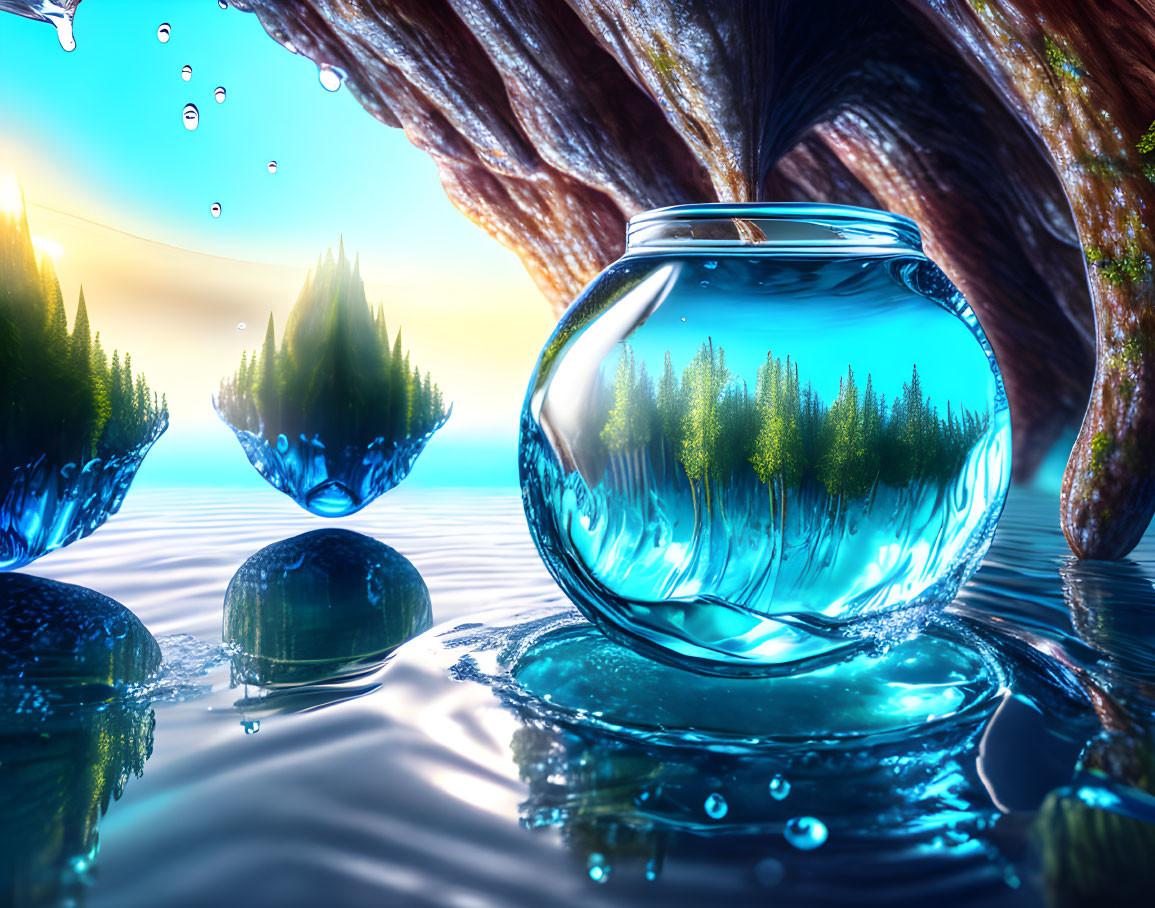 Surreal landscape with fishbowl forest and floating islands