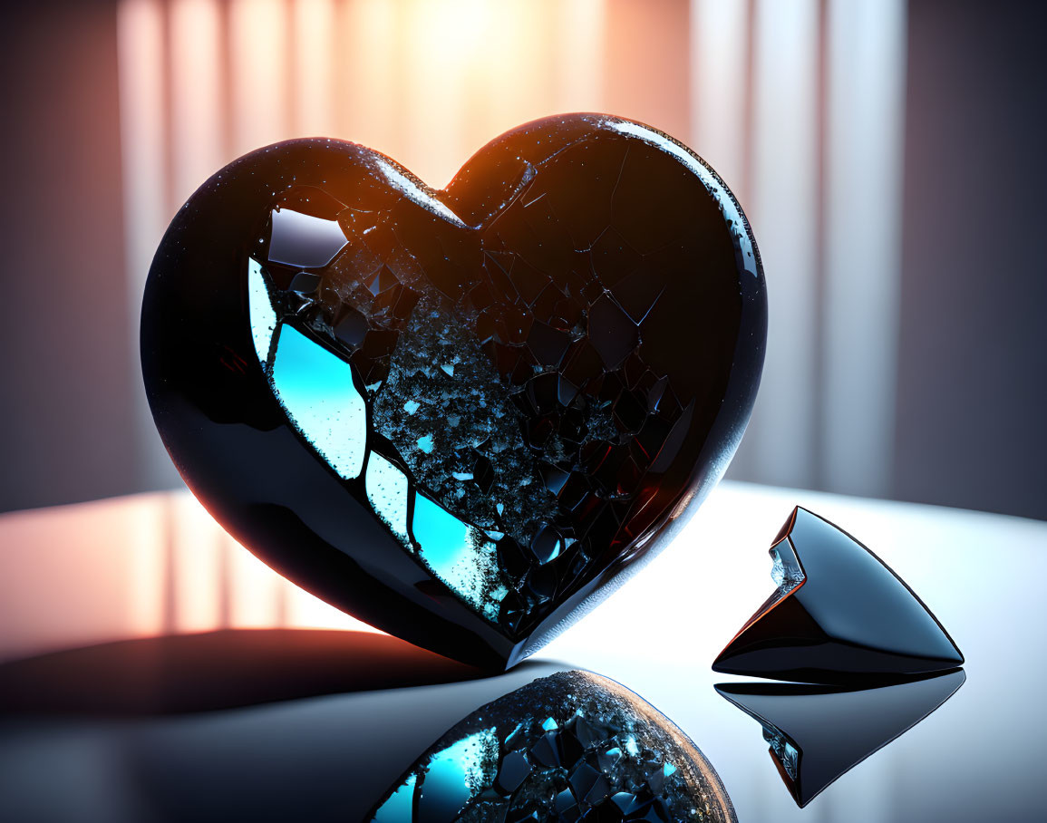 3D Rendered Cracked Glass Heart on Glossy Surface