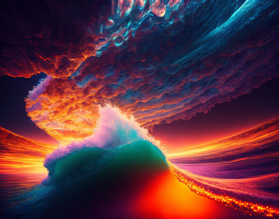 Colorful Digital Art: Fiery Wave Against Blue Sky