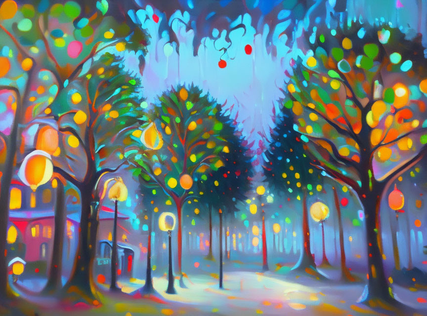 Colorful whimsical street scene with glowing orbs and festive vibe