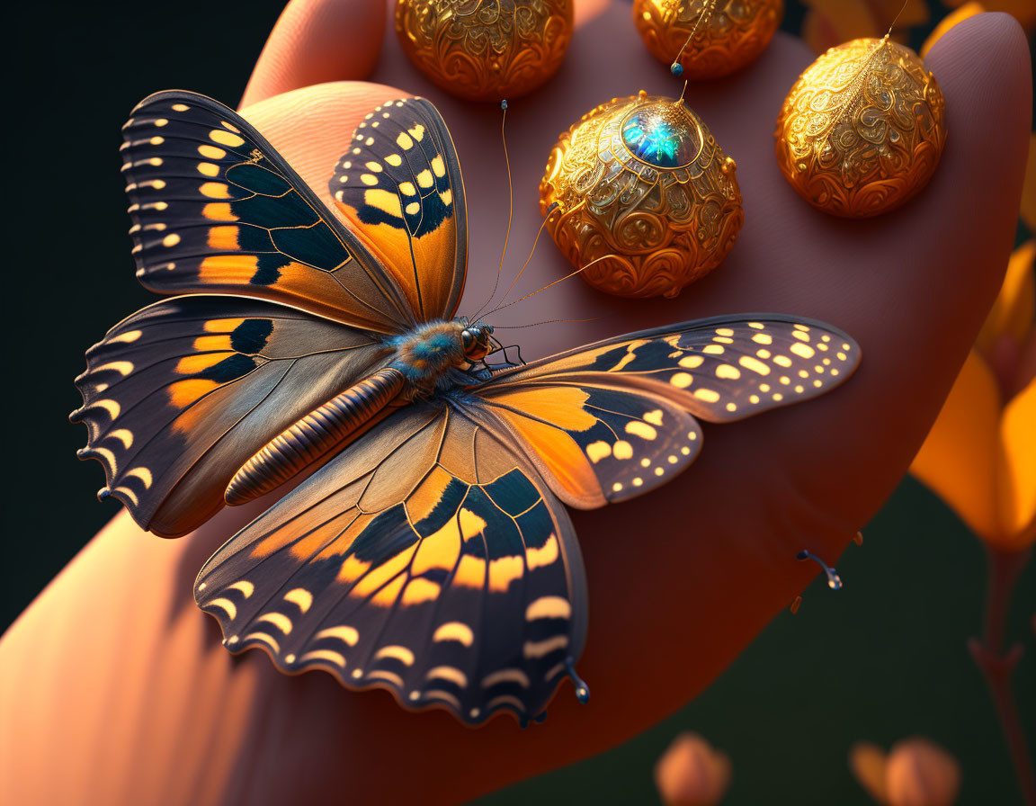 Colorful Butterfly Resting on Finger Surrounded by Golden Ornaments