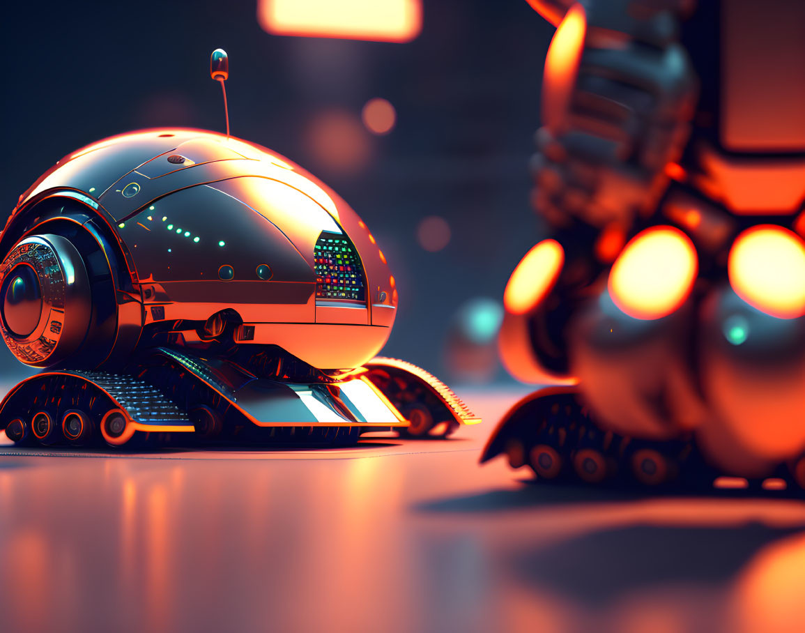 Futuristic robots with glowing elements on sci-fi textured floor