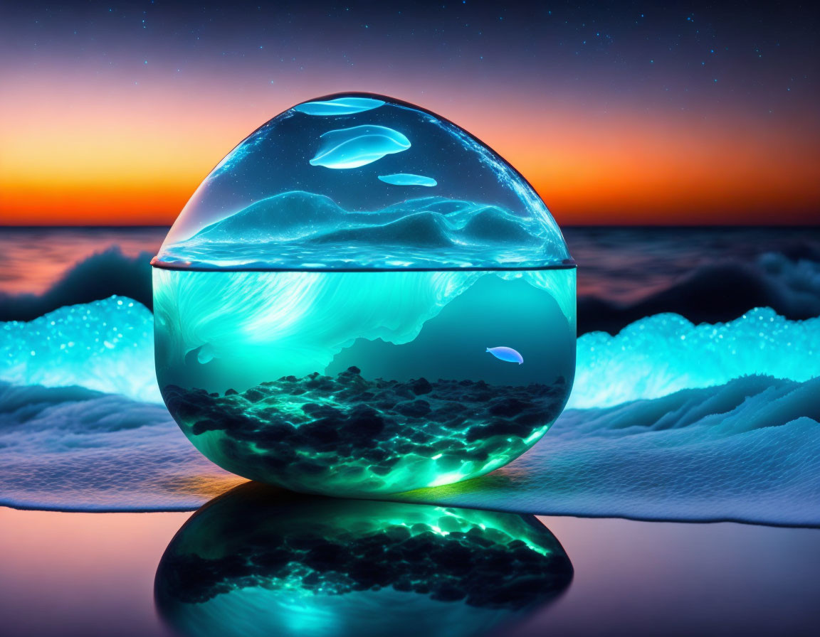 Luminous glass sphere reflecting underwater scene on shore at twilight