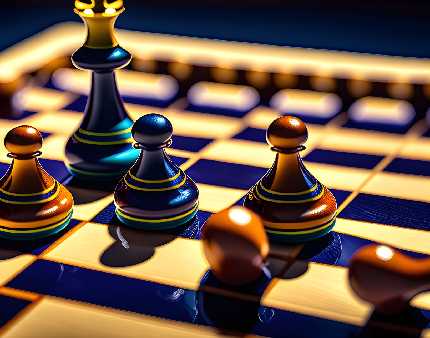 Detailed close-up of stylized chessboard with glossy pieces under warm lighting