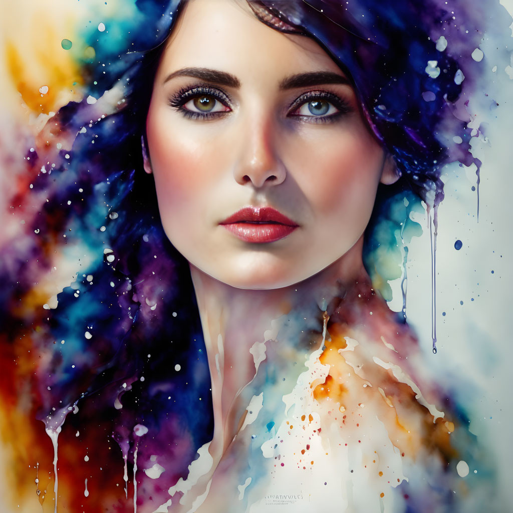 Colorful Watercolor-Style Portrait of Woman with Striking Eyes