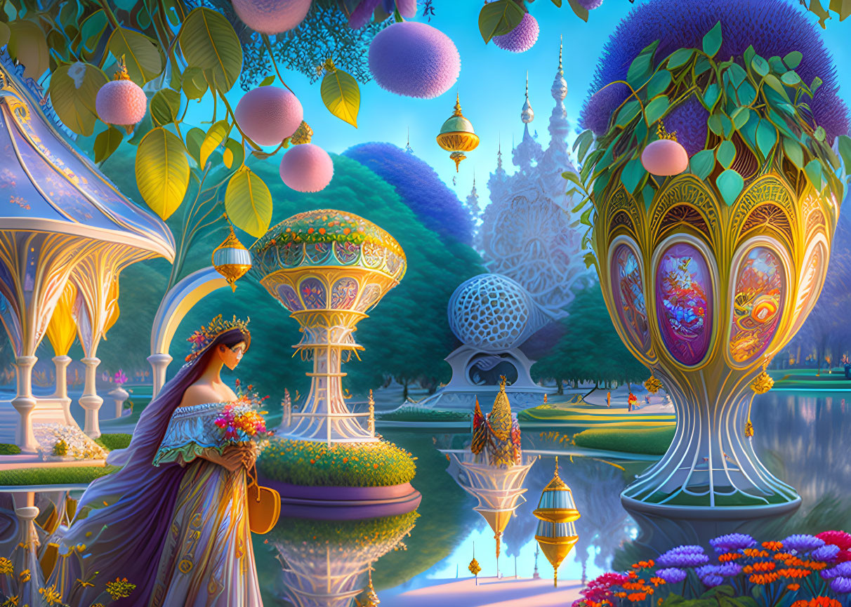 Vibrant Fantasy Garden with Princess, Flora, and Lantern-lit Structures