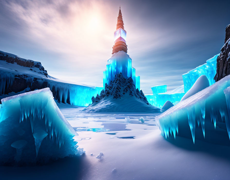 Ice-covered landscape with glowing spire at sunset