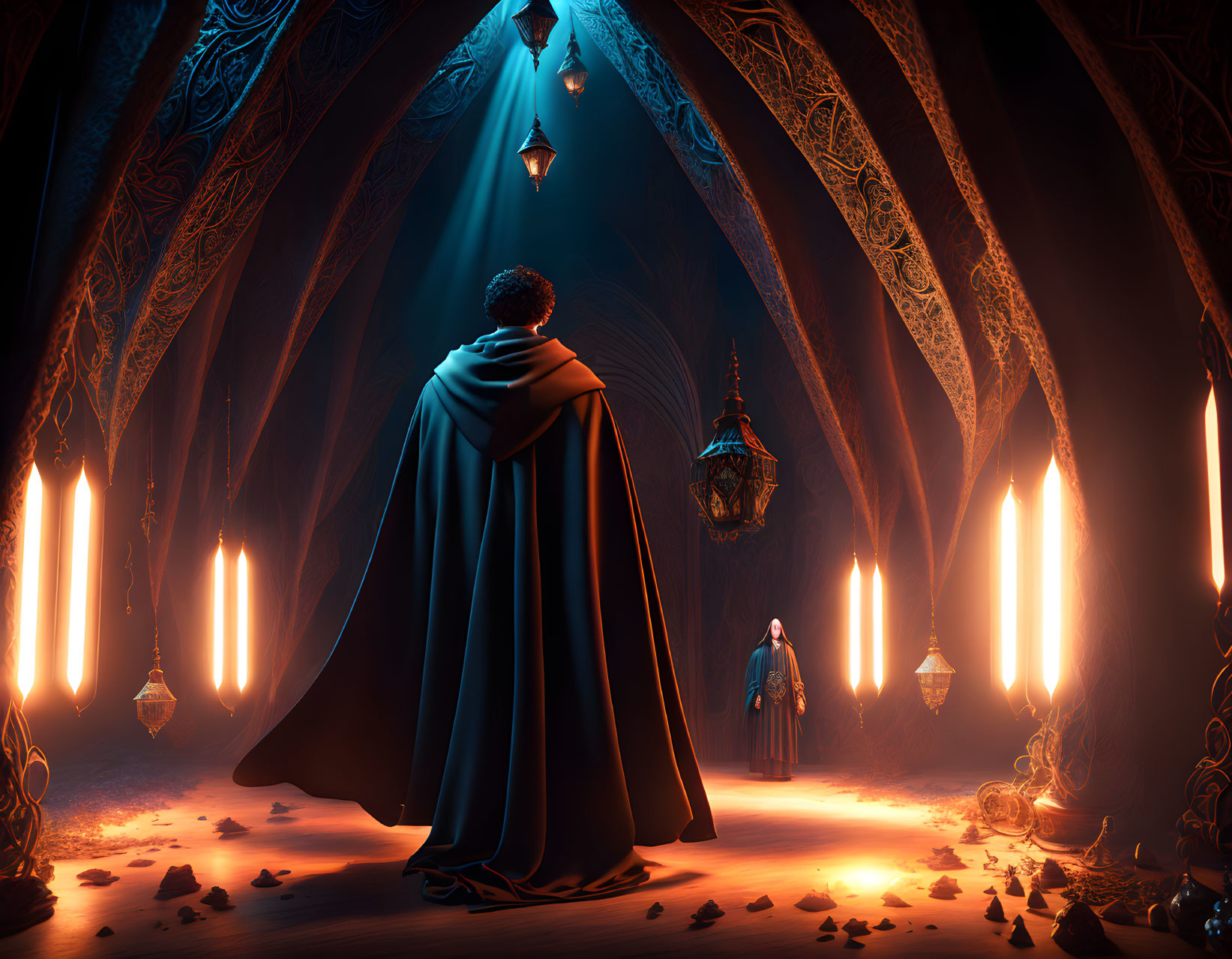 Mystical hall with cloaked figures and candles