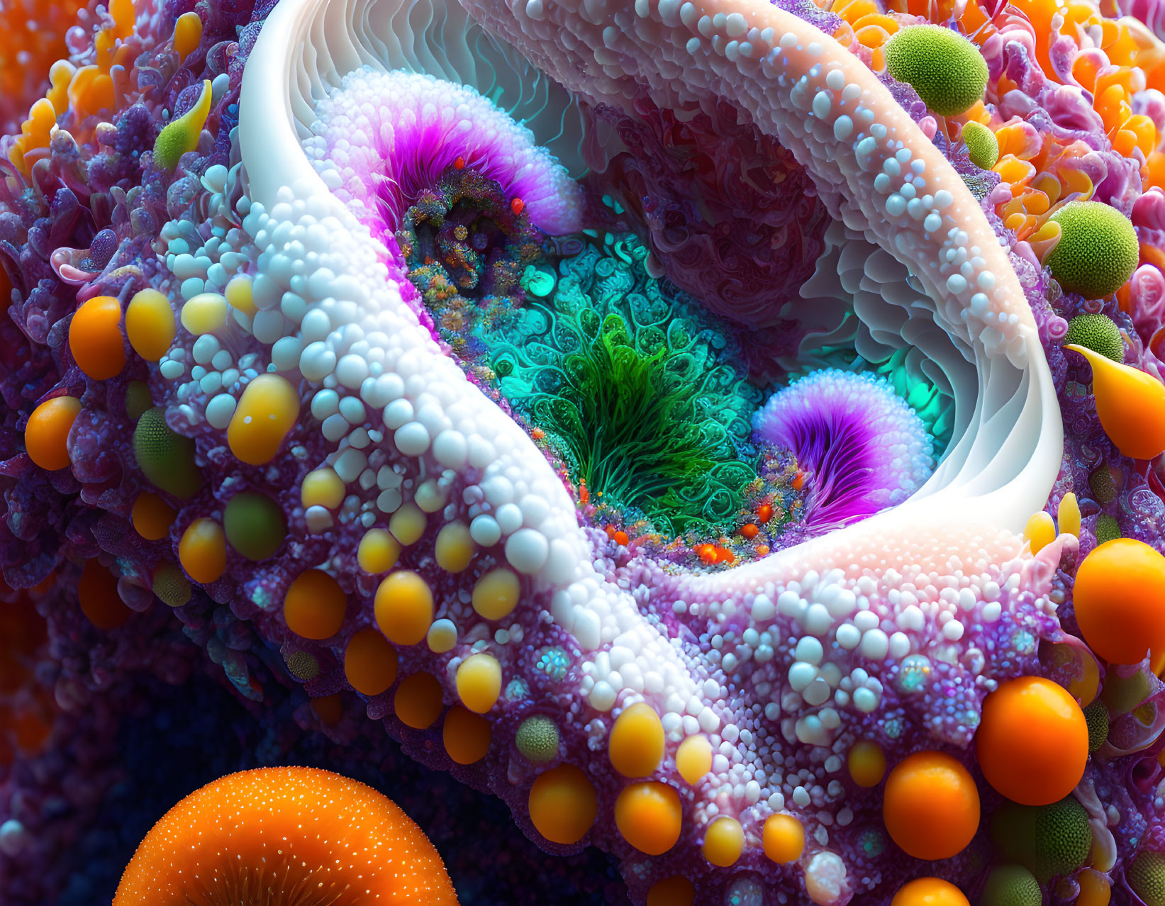 Colorful digital artwork: intricate coral-like structure with textures & spherical elements