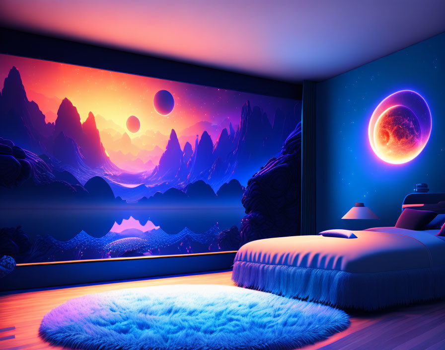 Futuristic bedroom with neon lights and alien landscape mural