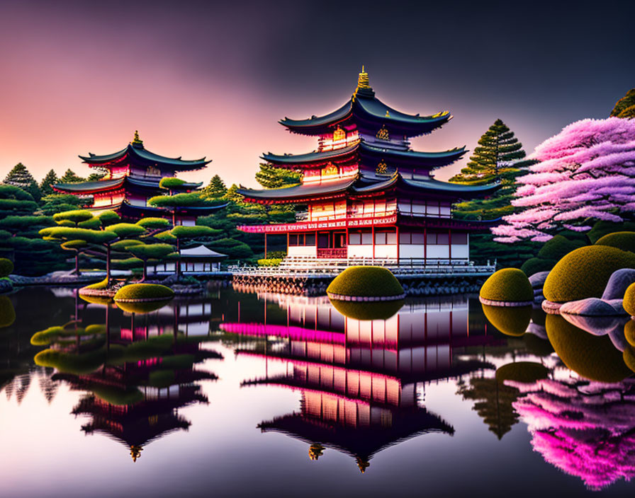 Japanese-style garden with multistoried pagoda, pond, green bushes, and pink flowering trees.