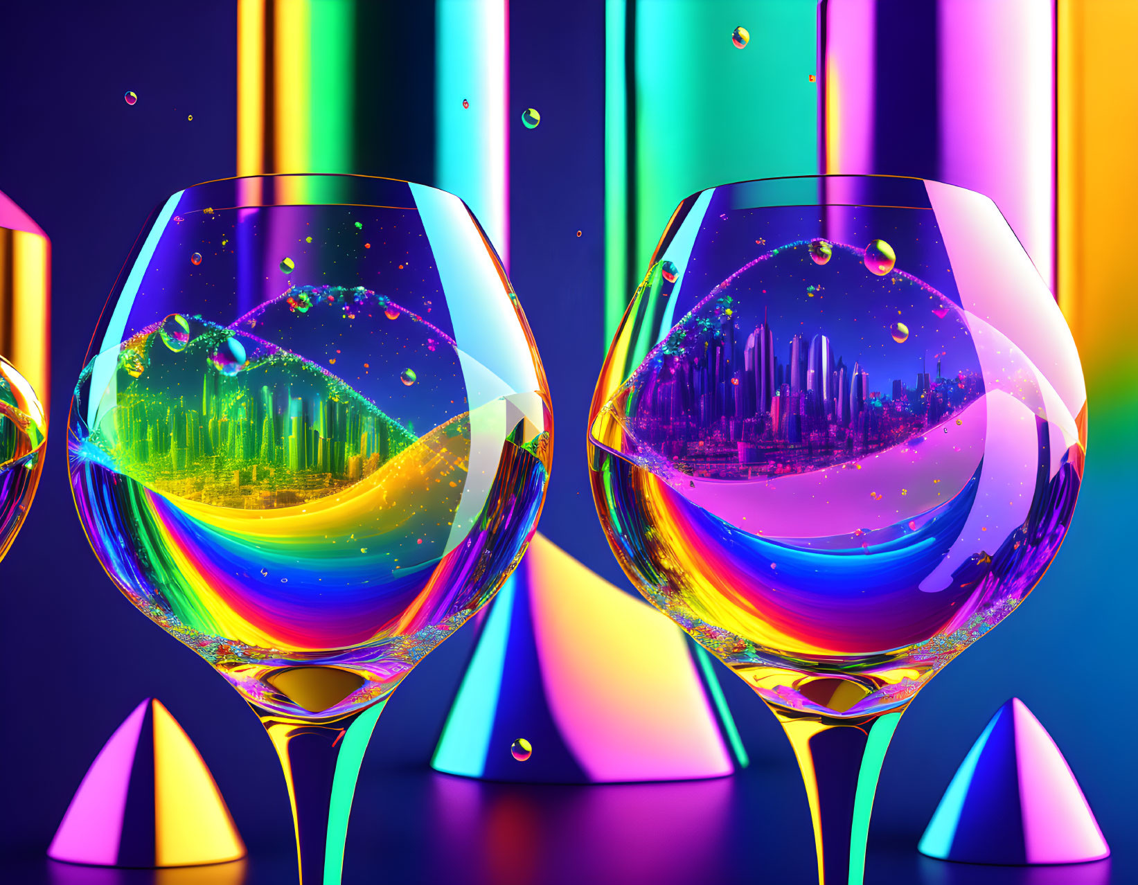 Colorful iridescent wine glasses with cityscape reflections on vibrant background